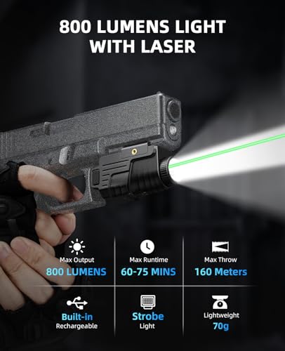 800 Lumens Rechargeable Pistol Light Laser Combo with Strobe Mode