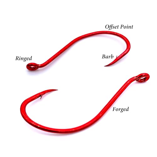 Octopus Beak Fishing Hooks - High Carbon Steel Circle Hooks - Red, 5/0, 50-Pack