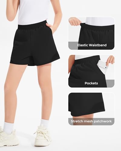 High Waisted Girls Running Shorts - Black, 11-12 Years