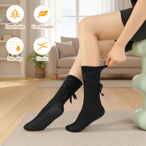 Non-Slip Pilates Socks with Cross Straps for Women - White & Black, 2 Pack