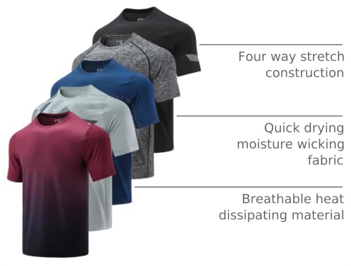 Men's Active Quick Dry Crew Neck T-Shirts - 5 Pack Athletic Tees