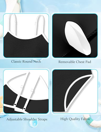 Girls Two-Piece Scoop Neck Bikini Set - High Waist, Adjustable Straps, Black + White, 15-16 Years