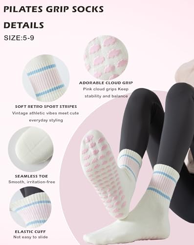 Tuuwjo 2-Pair Pink Cloud Pilates Grip Socks for Women Non-Slip Yoga Socks