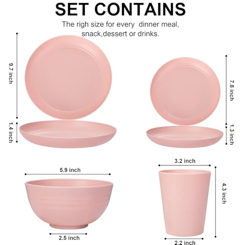 Rubtlamp 16Pcs Pink Wheat Straw Reusable Dinnerware Set for 4 | Durable Plates & Bowls