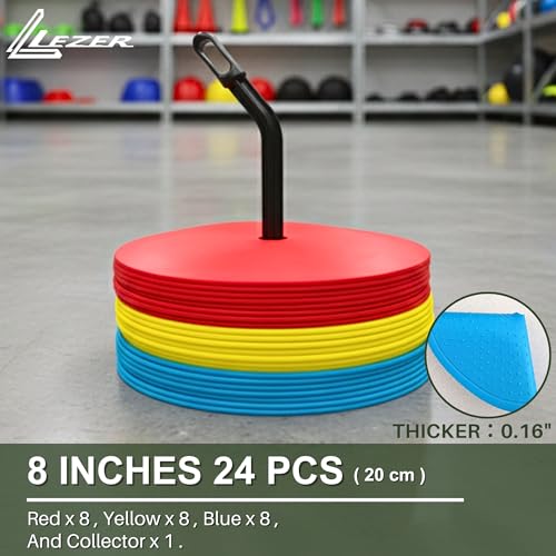 8 Inch Flat Cones Set of 24 - Durable Rubber Soccer & Agility Markers, Field & Court Training Equipment