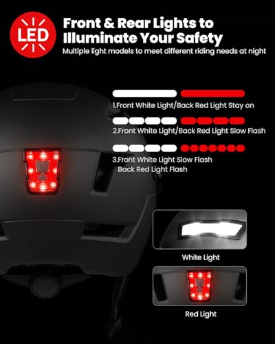 Adult Bike Helmet with LED Light - Matte Black, Large-X-Large