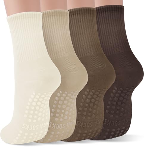 Grippy Pilates Socks for Women - Non-Slip Crew Socks, Brown/Dark Brown/White/Light Brown
