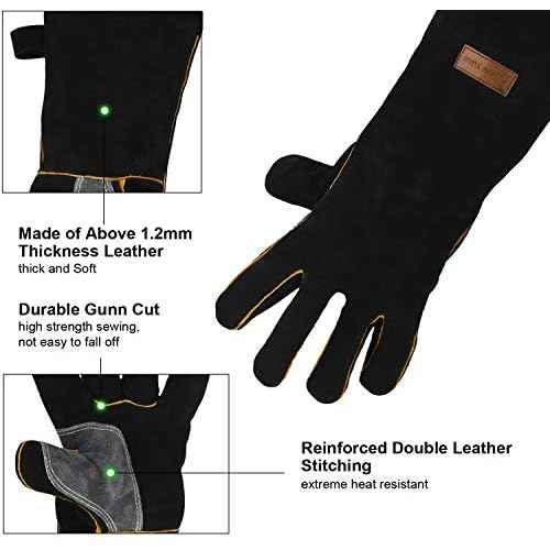 Upgrade KIM YUAN Extreme Heat & Fire Resistant Gloves Leather with Kevlar Stitching,Mitts Perfect for Fireplace, Stove, Oven, Grill, Welding, BBQ, Mig, Pot Holder, Animal Handling 16in up to 932 ¡ÆF