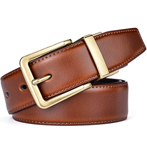 Reversible Leather Belt with Antique Gold Buckle - Black/Lt Brown 32-34