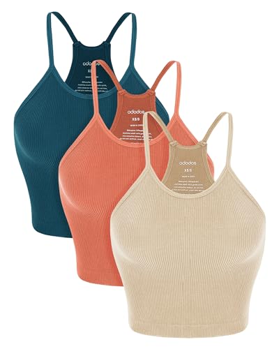 ODODOS Women's Crop 3-Pack Seamless Rib-Knit Camisole Tank Tops