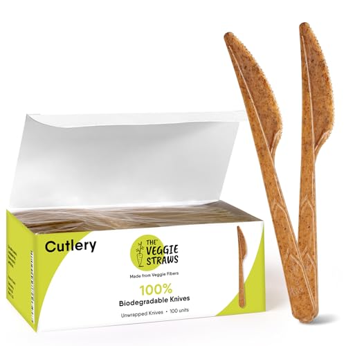 Brown 100 Pcs 6.7” Biodegradable Vegetable Fiber Disposable Knives - Heavy-Duty, Splinter-Free