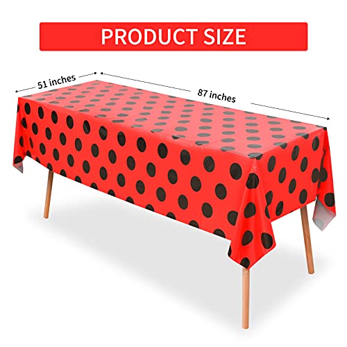 Ladybug Party Tablecloths - 2 Pack Red & Black Polka Dots, 87 x 51 Inches