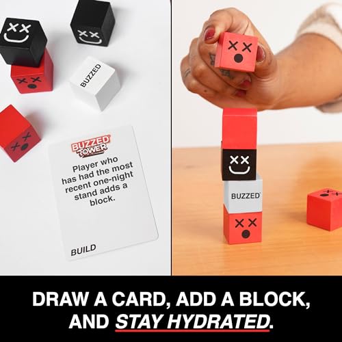 Relatable Buzzed Tower Stack-and-Sip Drinking Card Game for Adults — Includes 30 Blocks & 180 Cards