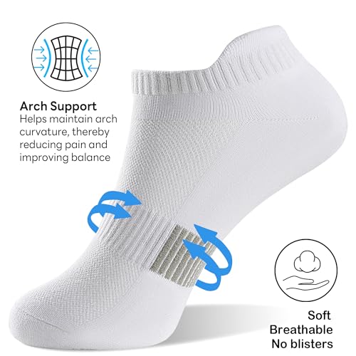 Athletic Ankle Socks for Women - 6 Pairs Black+White+Grey 6-11