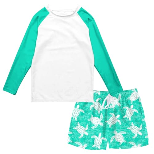 SunFocus Boys Long Sleeve Rash Guard Swimsuit Set 7-8 Years Green Turtle