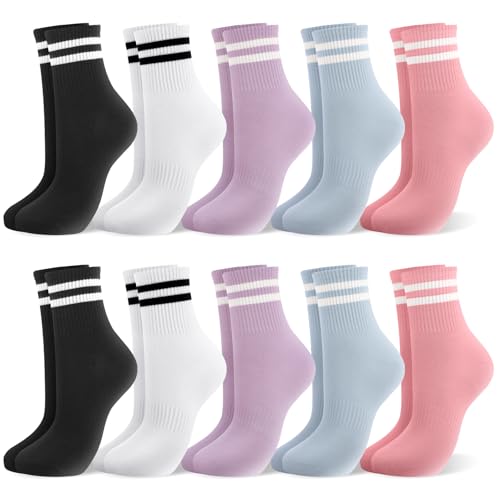 Breathable Cotton Retro Striped Crew Socks for Women - Black, White, Purple, Blue, Pink