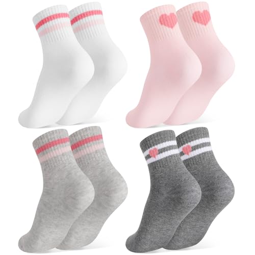 Girls' Cotton Socks - 4 Pairs Hearts Striped - 9-12 Years