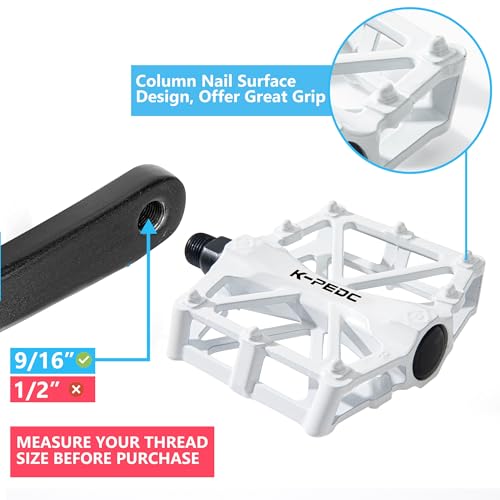 GPMTER White Bike Pedals 9/16 for MTB & Road Bikes, Anti-Skid Aluminum Platform
