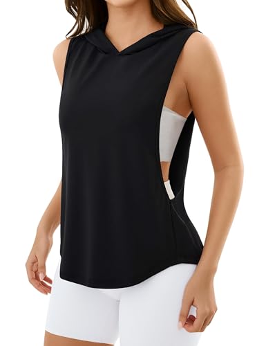 Remidoo Sleeveless Hoodie Women’s Open-Side Tank Top, Black, Small