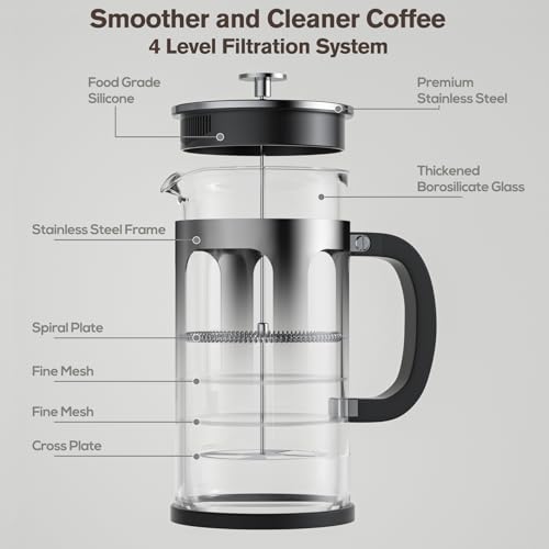 MOYAC Chrome French Press 34oz | Thickened Heat-Resistant Glass, 4-Level Filtration