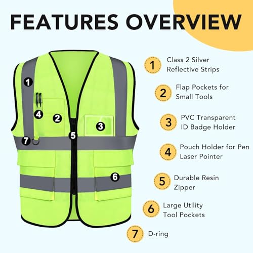 XPCARE 10-Pack Hi Vis Reflective Safety Vest with Pockets, Green High Reflective Strips Zipper Work Vest for Men and Women£¨Medium£©