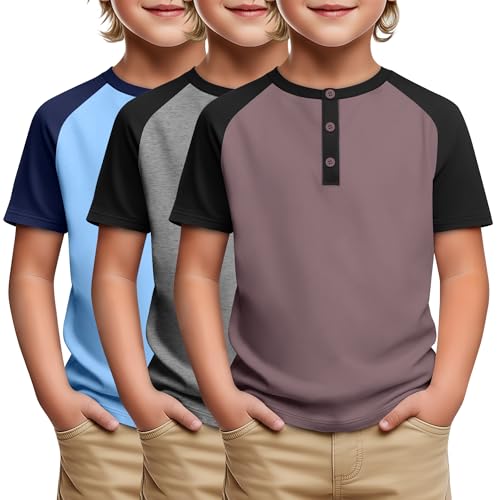 Boys Raglan T-Shirts - 3 Pack, Light Blue/Navy Blue, Gray Purple/Black, 11-12 Years