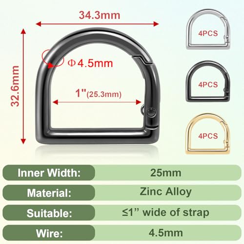 10pcs 1" Spring D Ring Clips - Gun Black Metal Keychain Hardware