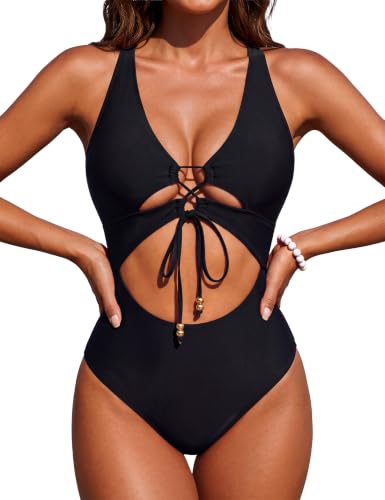 Blooming Jelly Black Large One-Piece Swimsuit with Cut-Outs and Tie Knot