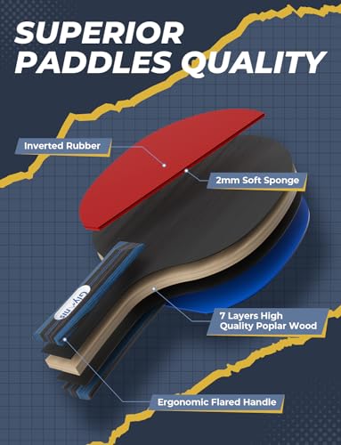 Table Tennis Paddle Set of 4 with 8 Balls - 7-Ply Rackets & Case