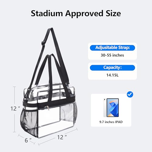 Clear Tote Bag for Stadium Events - 12x6x12 - Black