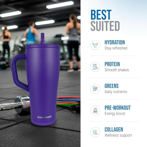 Ice Shaker 40 oz Purple Insulated Tumbler with Handle & Straw | Cold 30+ Hours