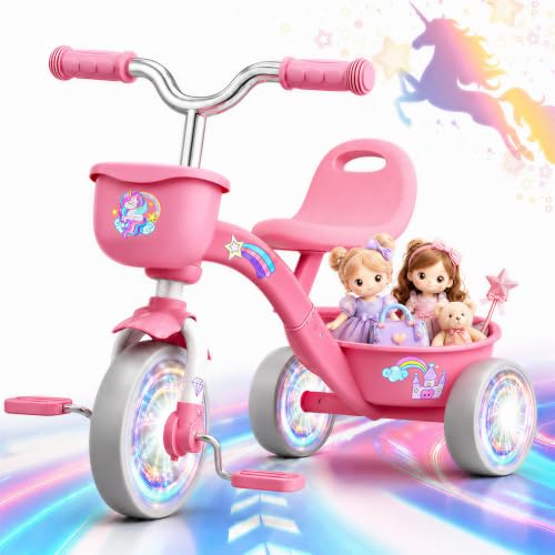 Unicorn Toddler Tricycle with Colorful Lighting Wheels - Pink