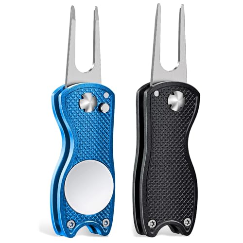 Metal Foldable Golf Divot Repair Tool with Ball Marker - Black+Blue
