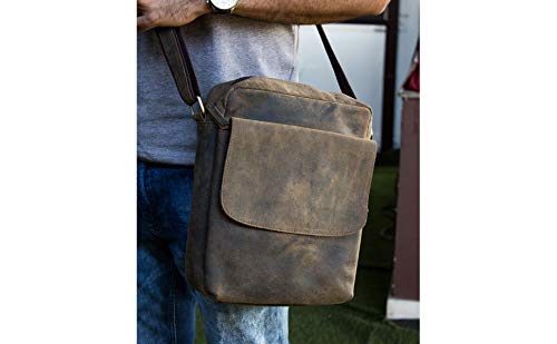 Distressed Tan Leather Crossbody Messenger Bag for Men & Women, 11 Inch Tablet Satchel