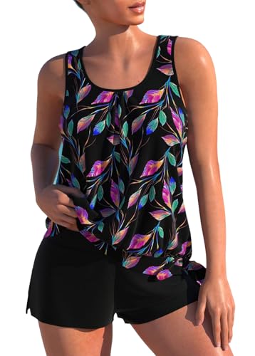 MODLILY 2-Piece Tankini Swimsuits for Women with Tropical Plants, X-Large Black