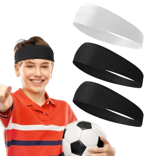 Kids Sports Headbands - 3 Pcs Elastic Sweatbands for Boys & Girls - Black & White