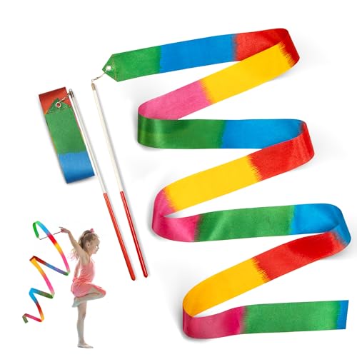 Dance Ribbons Streamers - 6.6Ft Rainbow Gymnastics Ribbon Wands - 2 Pack