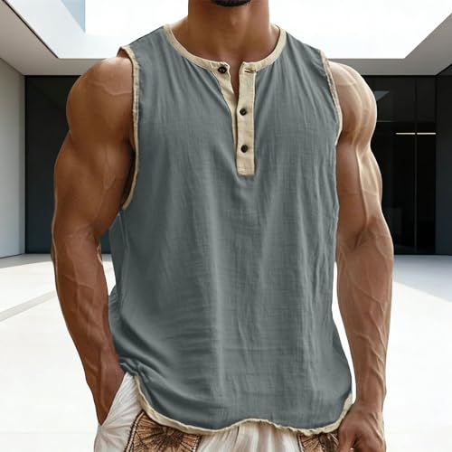 Cotton Linen Workout Tank Top - Sleeveless Gym Henley Shirt - Gray, 3X-Large