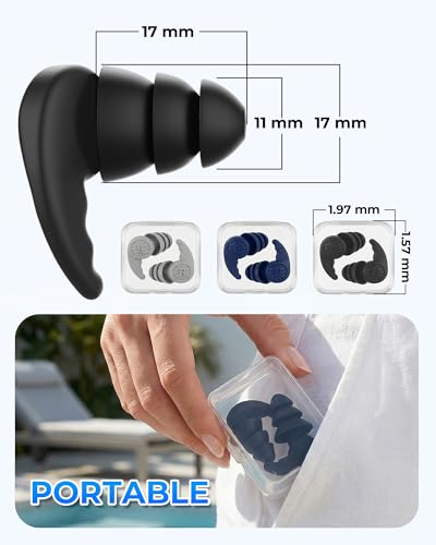 Swimming Earplugs - Waterproof Silicone Ear Protection - 3 Pairs, Black, Gray, Blue