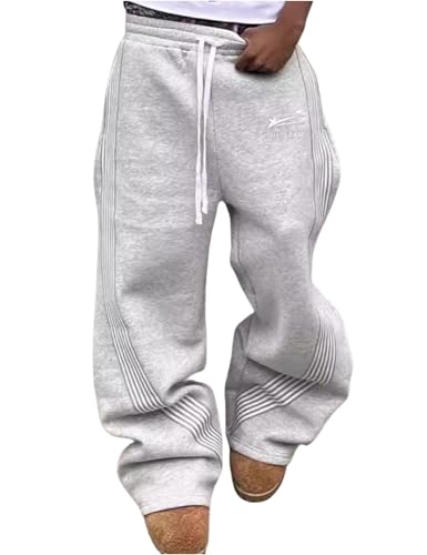 FCOOLYEET Men's Y2K Grey Baggy Sweatpants with Drawstring Waist, Open Bottom, Medium