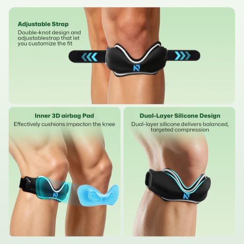 Black Salops Patellar Tendon Support Strap with Silicone Dual Pads - Adjustable Knee Brace for Running, Basketball, Hiking, Tennis, Jumpers Knee - 1 Pack