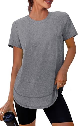 Womens Short Sleeve Workout Top - Sun Protection UPF 50+ - Grey, Large