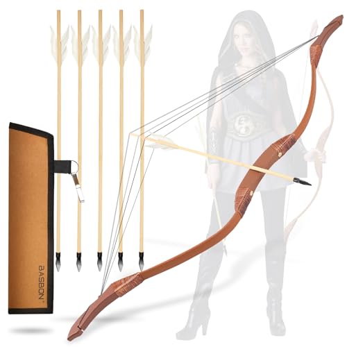 Basbon Brown Wooden Bow and Arrow Set for Kids - 40 Inch Handmade Archery Toy with 5 Feather Arrows, Cosplay & Gifts