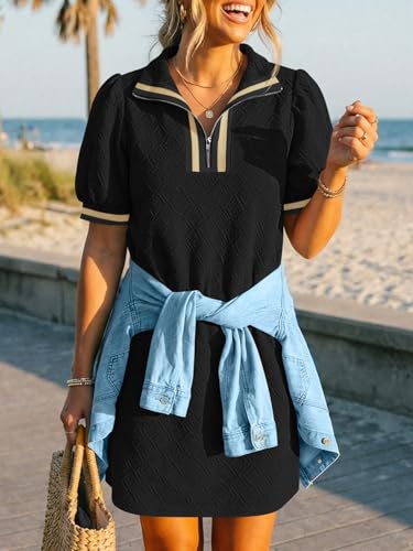 Fisoew Womens Summer Puff Short Sleeve Mini Dress with Quarter Zip V-Neck - Black Small
