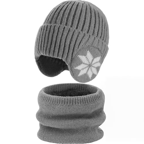 Men's Winter Beanie Hat and Scarf Set - Fleece Earflap Grey