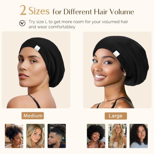 Slouchy Beanie Hat Satin Lined Sleep Cap for Men & Women - Adjustable, Breathable, Black