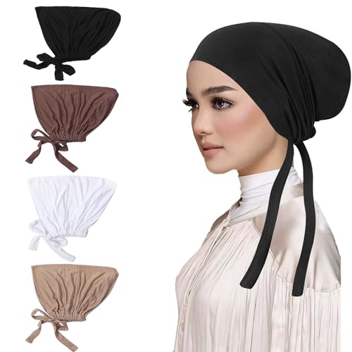 OPUHOHR 4 Pack Women Turban Under Caps - Soft Modal Hijab Undercaps with Ties