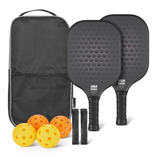 Pickleball Paddle Set - 2 USAPA Approved Black Carbon Fiber Paddles with 4 Balls & Carry Bag
