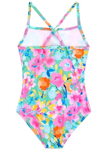 Girls One-Piece Swimsuit - Crossback Straps, Pink Floral, 7-8 Years
