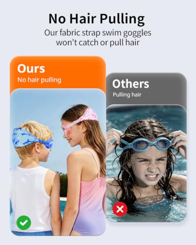 Pixel Panda Kids Swimming Goggles 2-Pack for Ages 3-14 with Fabric Straps - Dark Blue & Pink